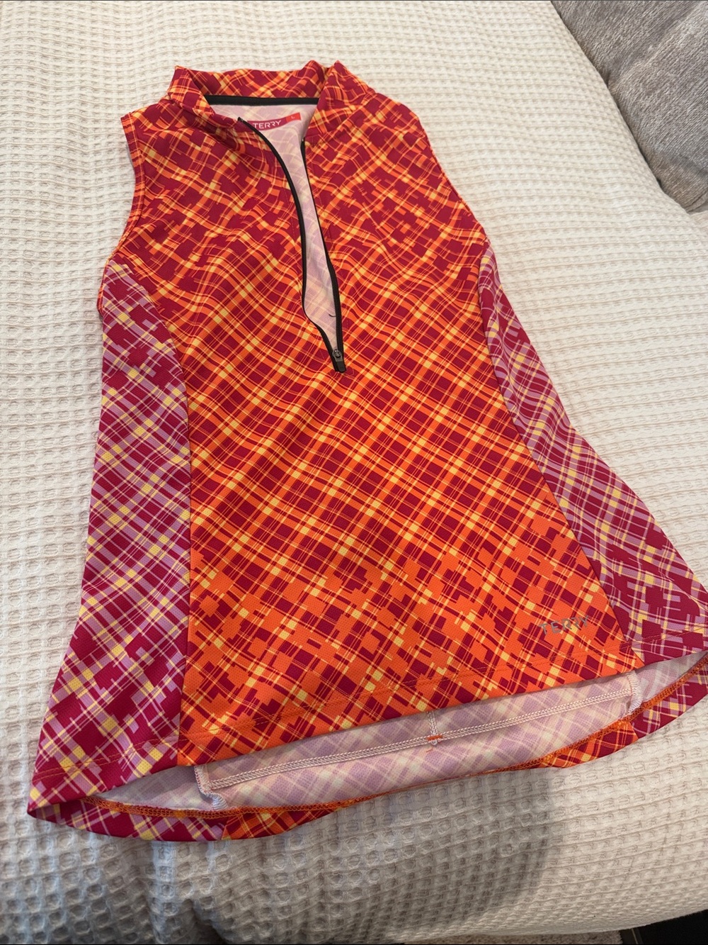 Ladies Sleeveless Plaid bike jersey - Red pink yellow & Orange. Size L